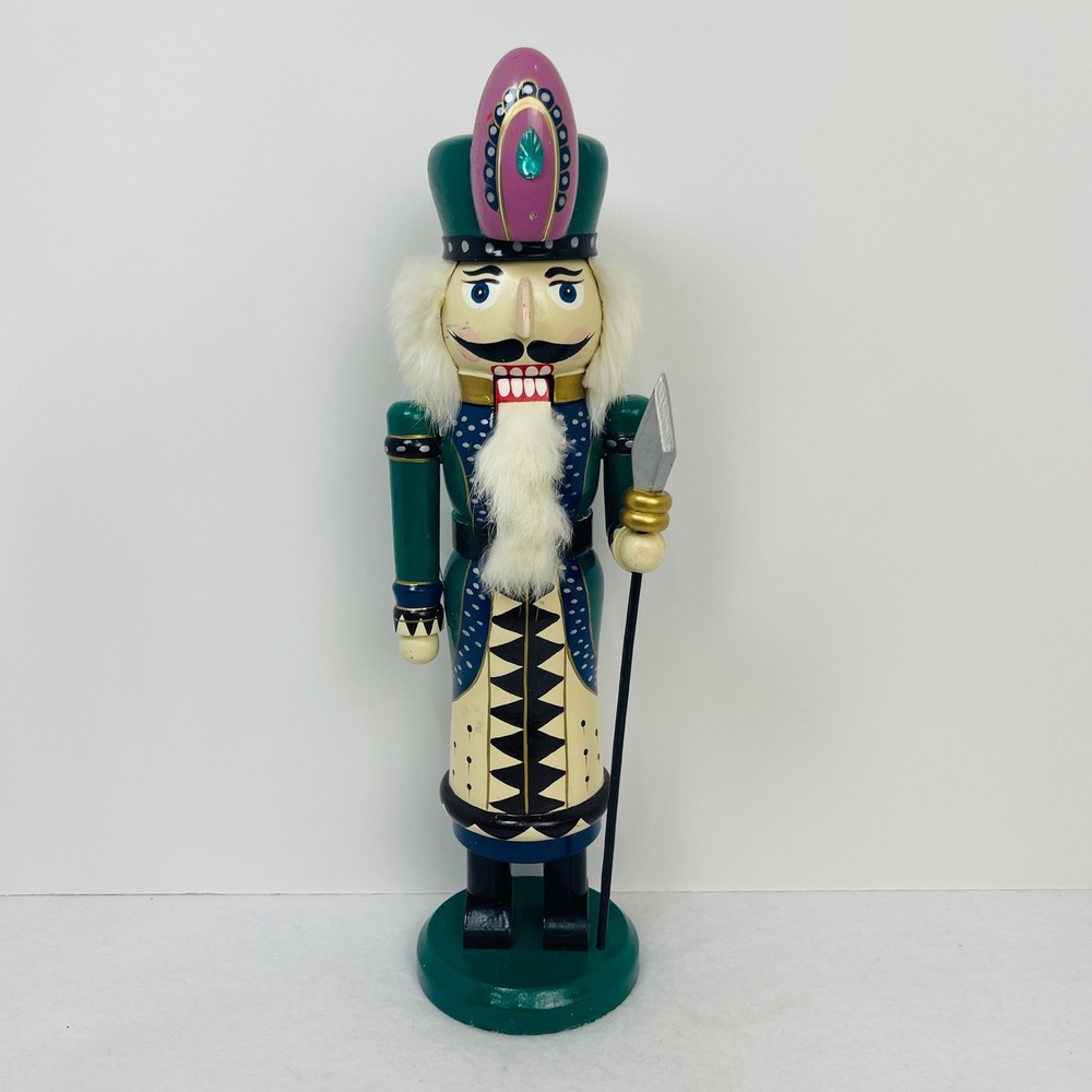 Vintage Wooden Nutcracker Soldier Green Cream Purple Jeweled Hat Spear 12 Inch